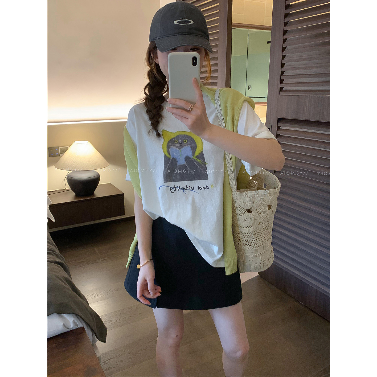 爱情魔鬼鱼 白色短袖圆领猫咪印花T恤女2026夏季新款宽松显瘦上衣
