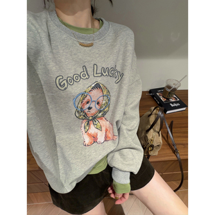 爱情魔鬼鱼 浅灰色卡通字母印花卫衣女2026秋季新款宽松百搭上衣