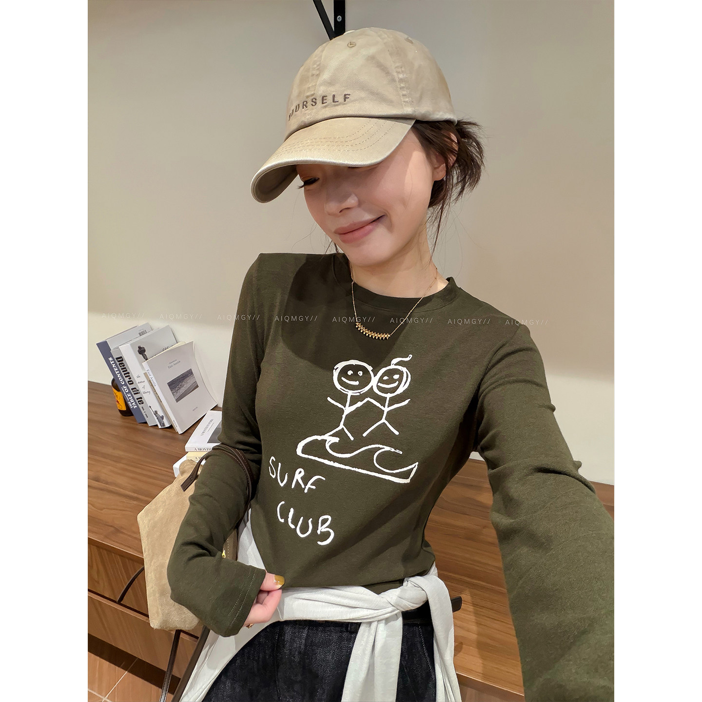 爱情魔鬼鱼 圆领长袖幕斯羊绒印花T恤女2026秋季新款修身显瘦上衣