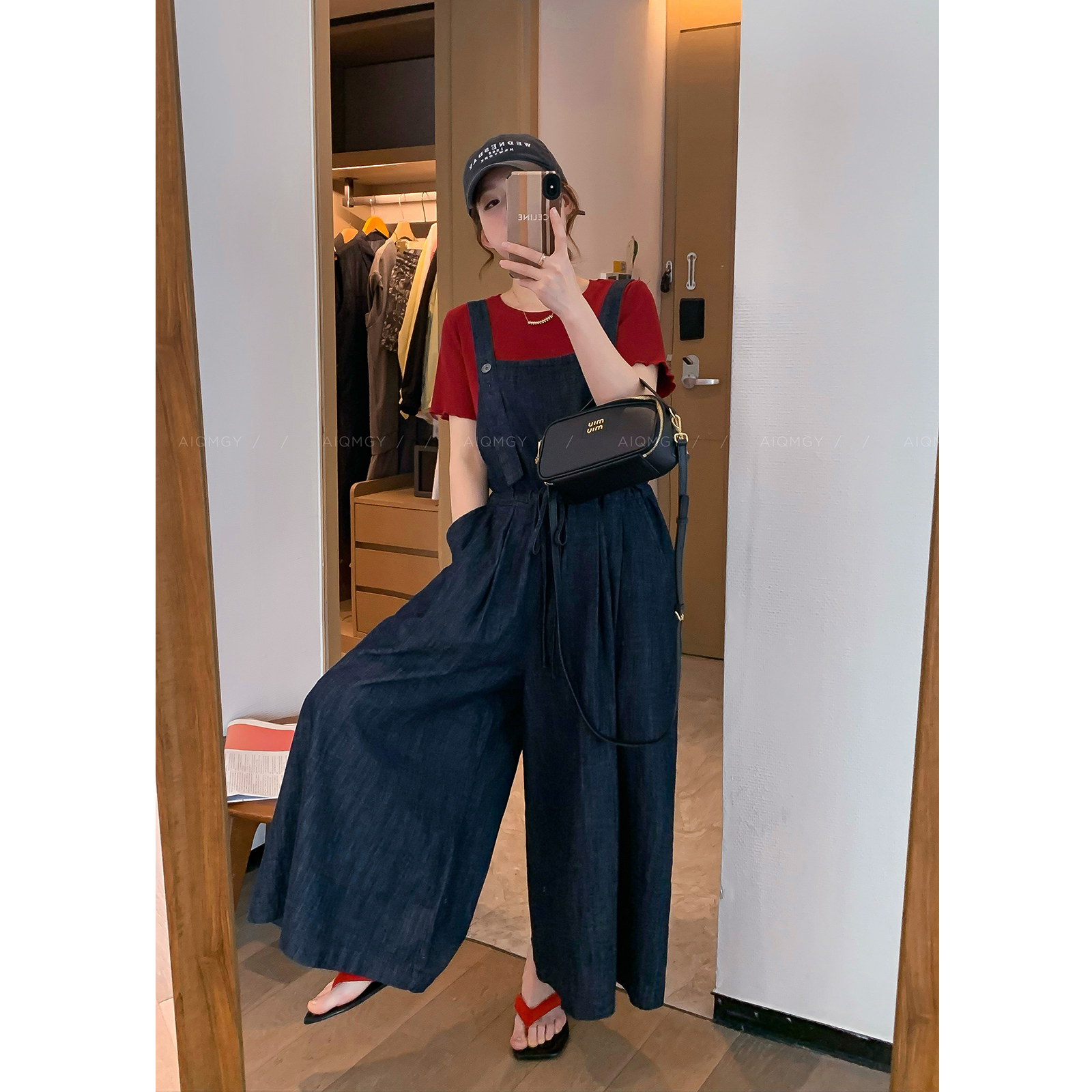 花边短袖T恤牛仔背带裤两件套