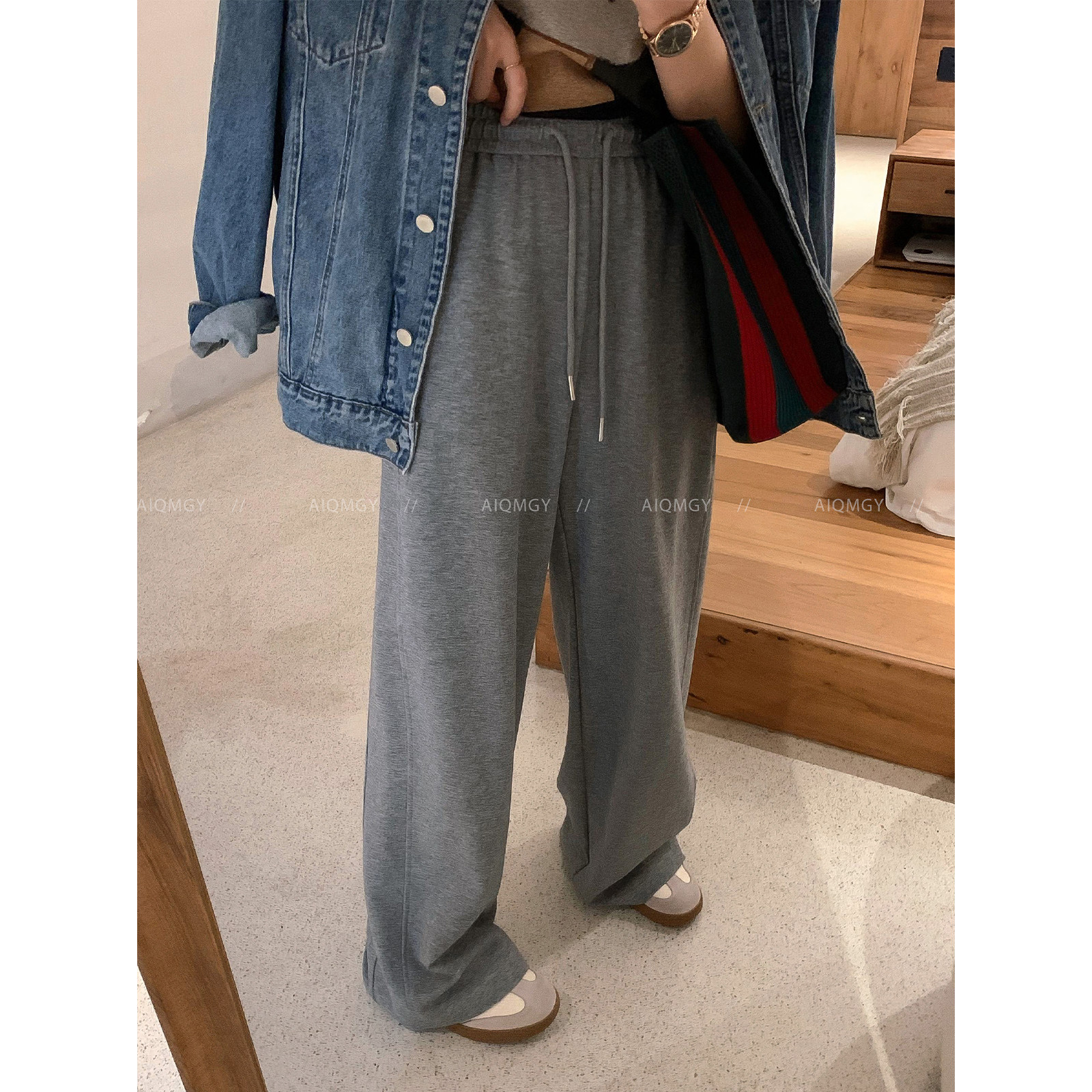爱情魔鬼鱼 灰色抽绳垂感休闲裤女2025秋冬新款宽松显瘦阔腿长裤,女装/女士精品,休闲裤,淘宝优惠券,粉丝福利购,淘宝优惠卷