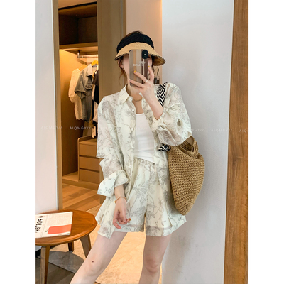 爱情魔鬼鱼 印花两件套装女2026年夏季新款薄款长袖衬衫休闲短裤