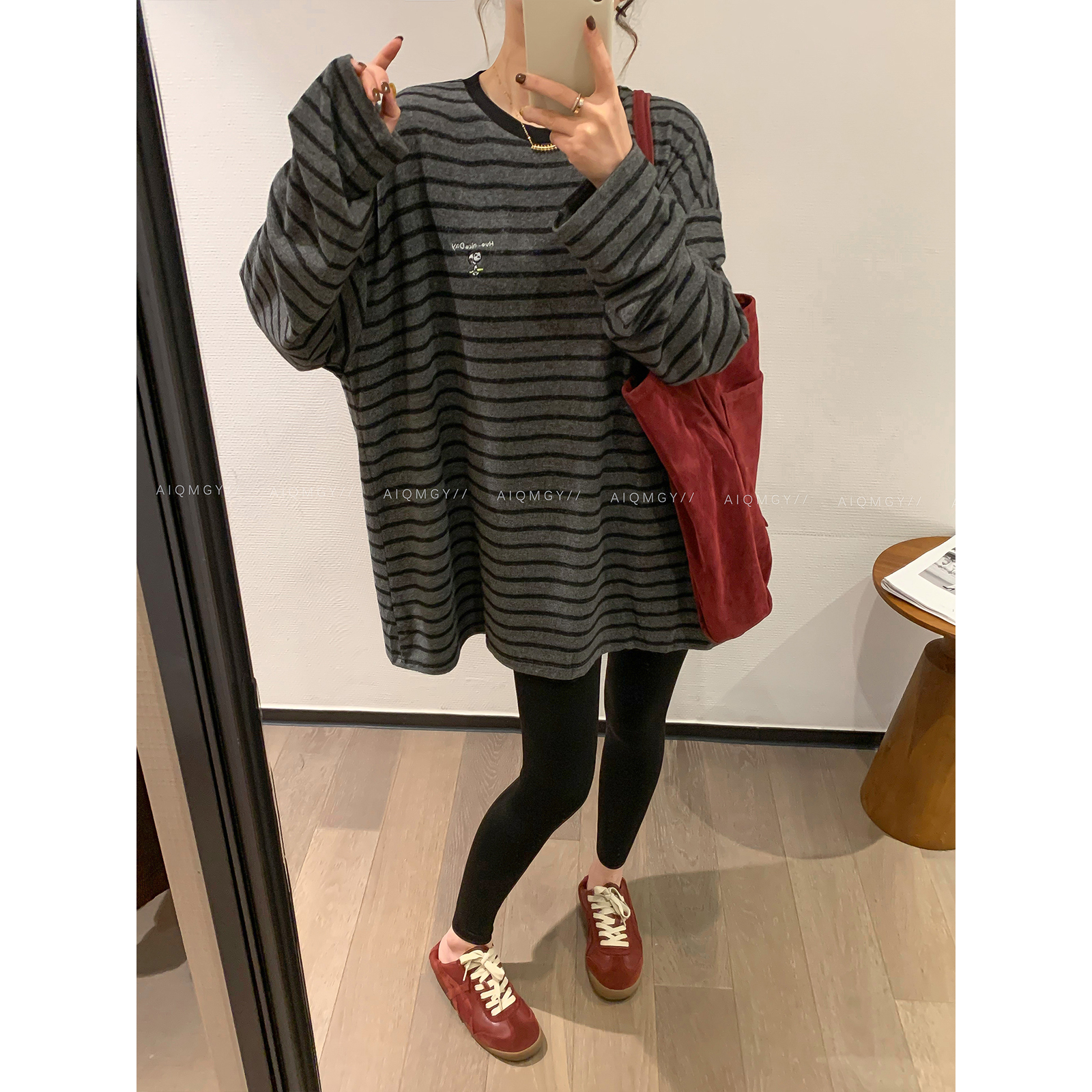 爱情魔鬼鱼 条纹圆领长袖奶芙绒T恤女2025秋冬新款中长款慵懒上衣