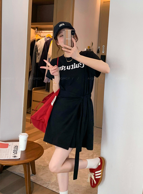 爱情魔鬼鱼 黑色圆领短袖绑带连衣裙女2026夏季新款显瘦气质短裙