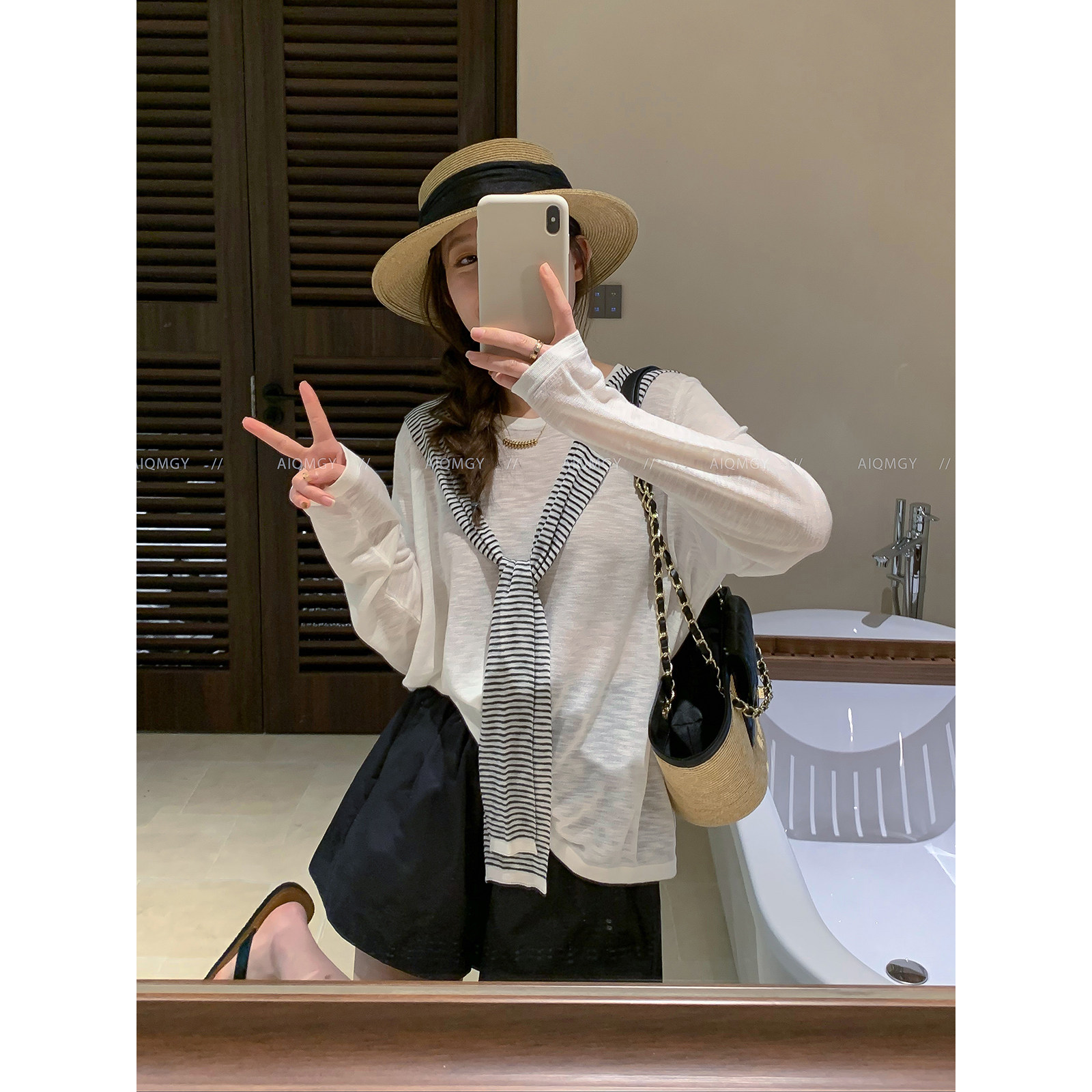 爱情魔鬼鱼 长袖圆领竹节麻假两件女2026年春夏新款宽松显瘦上衣