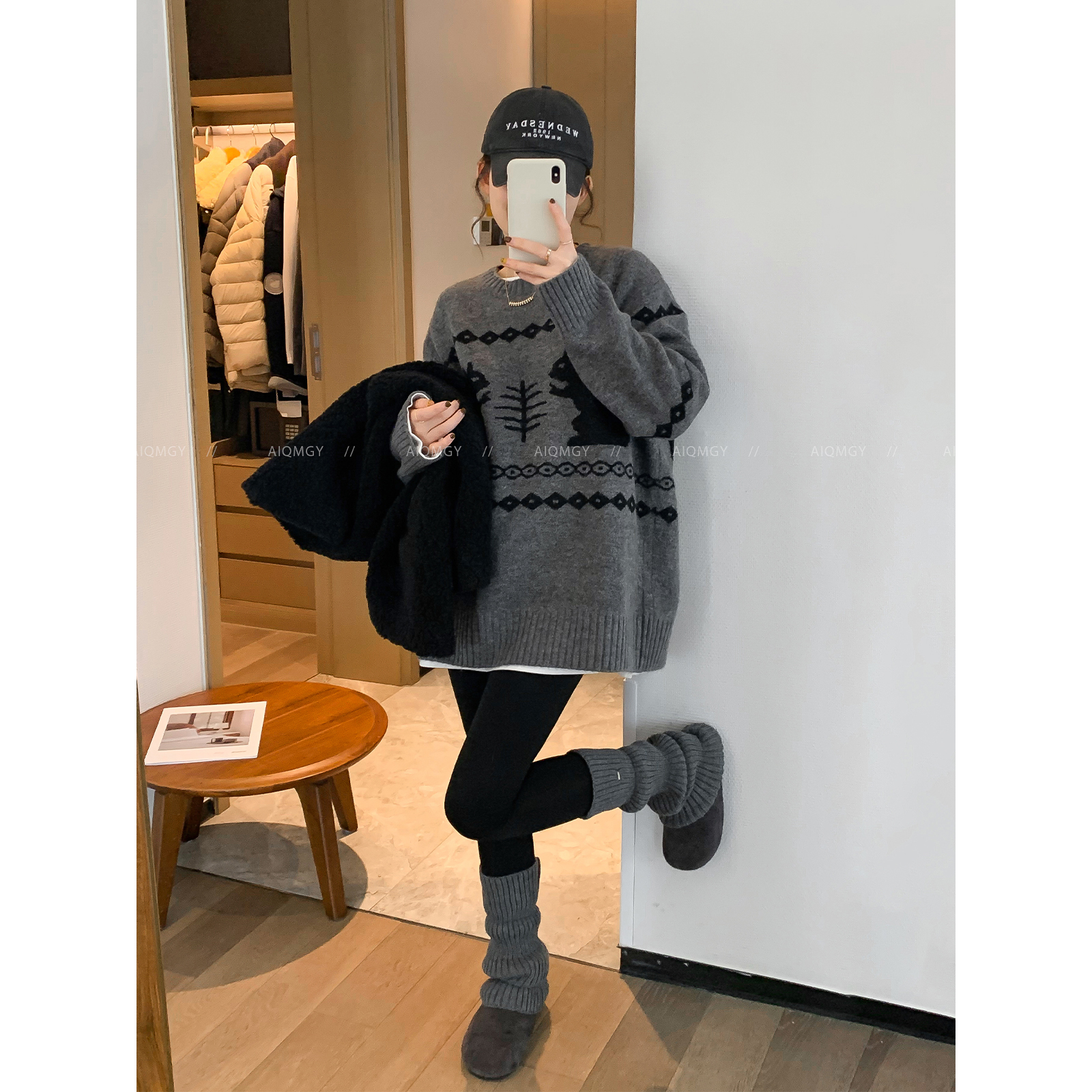 爱情魔鬼鱼 灰色圆领长袖复古毛衣女2025年冬季新款宽松百搭上衣