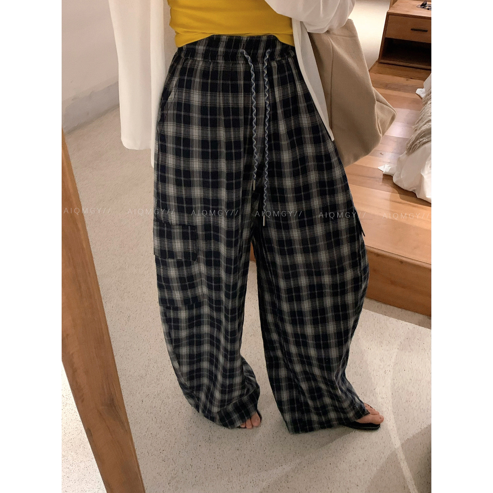 爱情魔鬼鱼 格子抽绳休闲直筒裤女2025秋冬新款宽松百搭阔腿长裤,女装/女士精品,休闲裤,淘宝优惠券,粉丝福利购,淘宝优惠卷