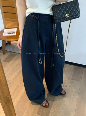 爱情魔鬼鱼 藏蓝色配腰绳休闲裤女2026春季新款宽松阔腿拖地长裤