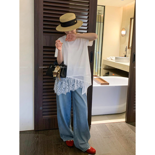 设计感不规则上衣 蕾丝拼接T恤女2026春夏新款 爱情魔鬼鱼 白色短袖