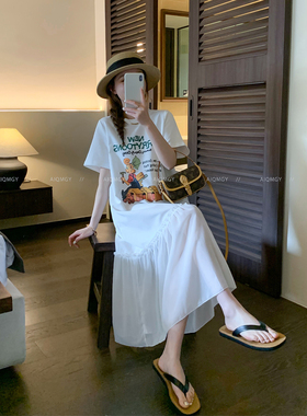 爱情魔鬼鱼 短袖圆领印花T恤连衣裙女2026夏季新款宽松拼接长裙子