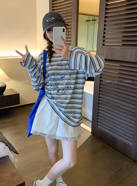 爱情魔鬼鱼 白色条纹长袖卡通印花T恤女2026春季新款时尚宽松上衣