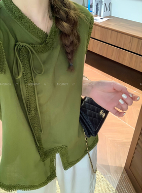 爱情魔鬼鱼 绿色蕾丝边拼接天丝马甲女2026夏季新款亚麻开衫上衣