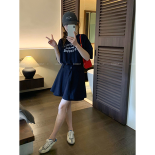 爱情魔鬼鱼 藏蓝色套装女2026夏季新款天丝短袖T恤A字短裙两件套