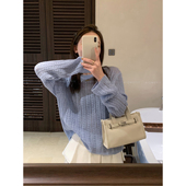 新款 爱情魔鬼鱼 女2026春季 圆领镂空针织衫 宽松通勤上衣 蓝色长袖