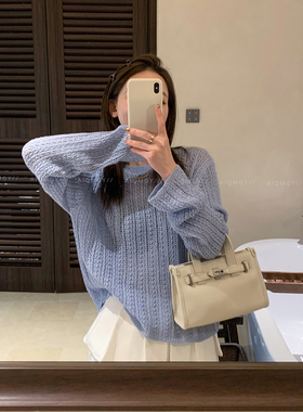 爱情魔鬼鱼 蓝色长袖圆领镂空针织衫女2026春季新款宽松通勤上衣