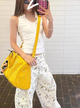 黄色防鳄皮纹路彩色钻石宝石小众斜挎包美式街头潮流手提旅行包