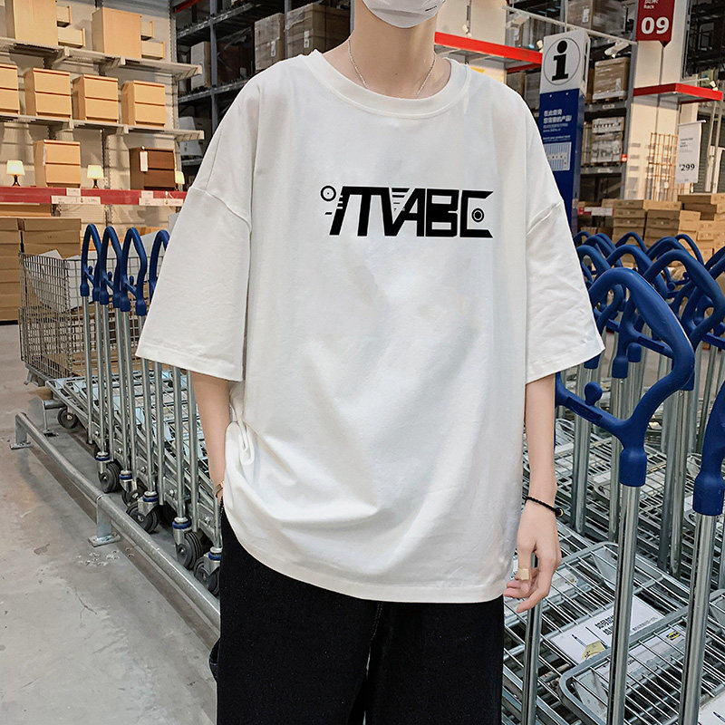 港风大码印花短信T恤男下降宽松五分袖XZ1007-1-T869图片