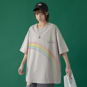 @中性风 彩虹印花短信T恤女夏季宽松休闲上衣港风XZ1007-1-T30图片