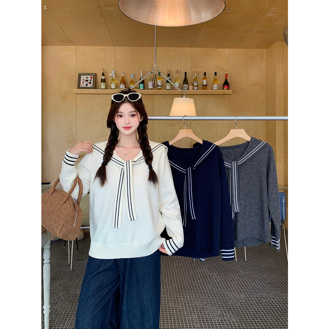 衣之派2025秋冬新款胖mm大码女甜美学院风海军领软糯套头针织上衣