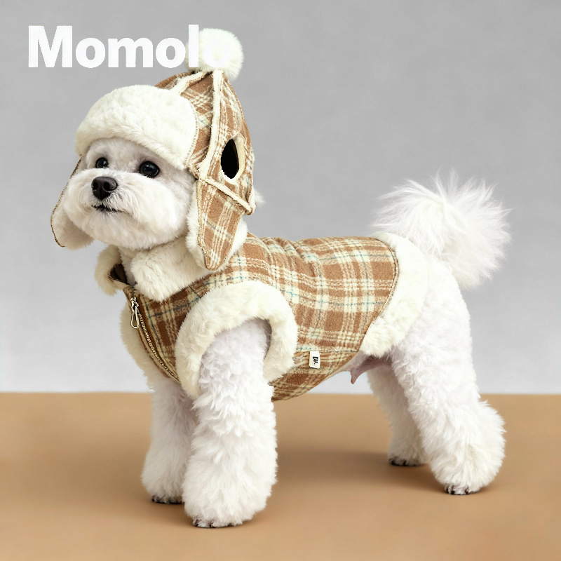 Momolo狗狗衣服秋冬季保暖外套复古千鸟格英伦风小狗帽子套装两件