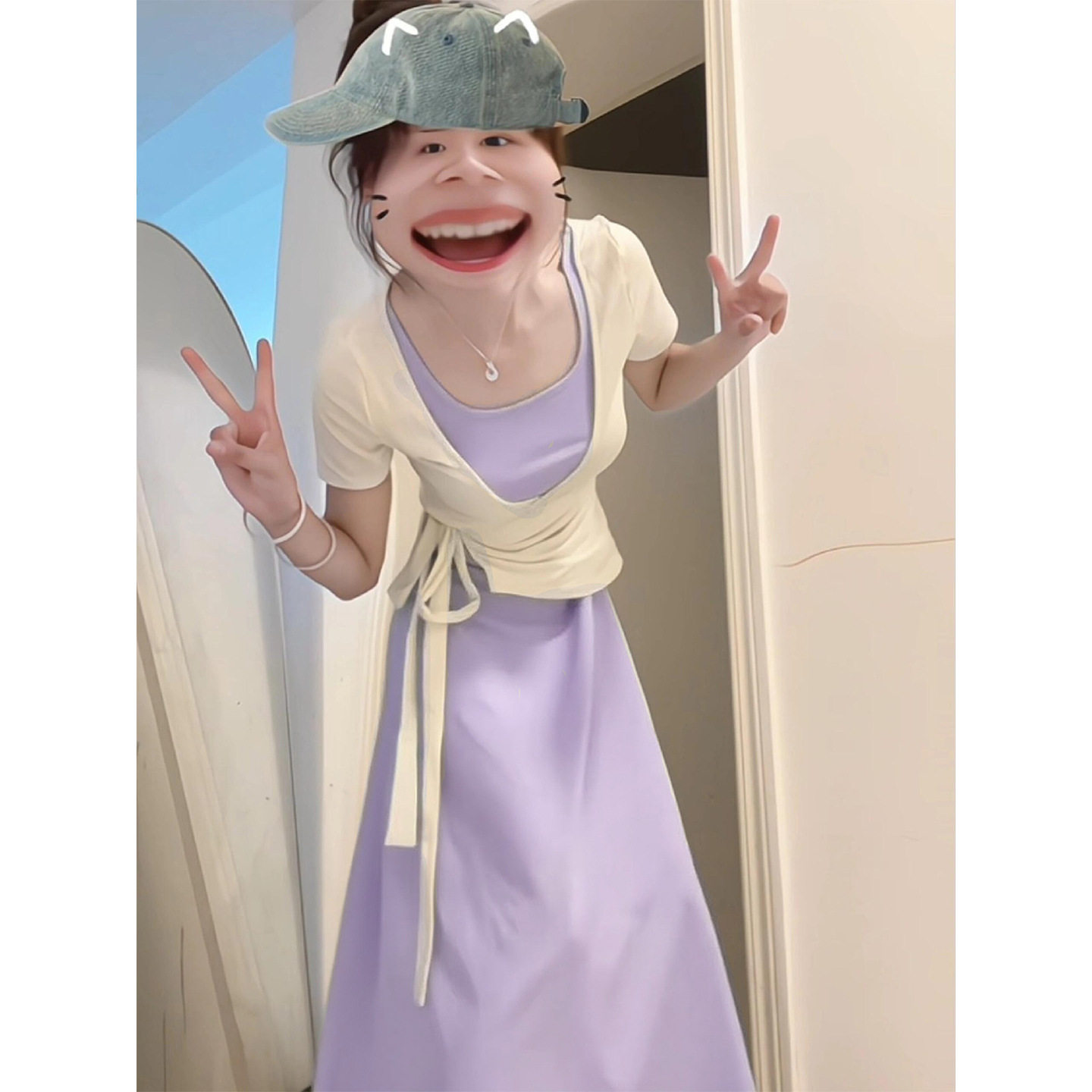 紫色掐腰连衣裙女夏季202