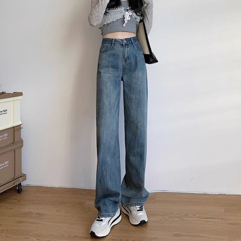 复古蓝窄版阔腿牛仔裤女