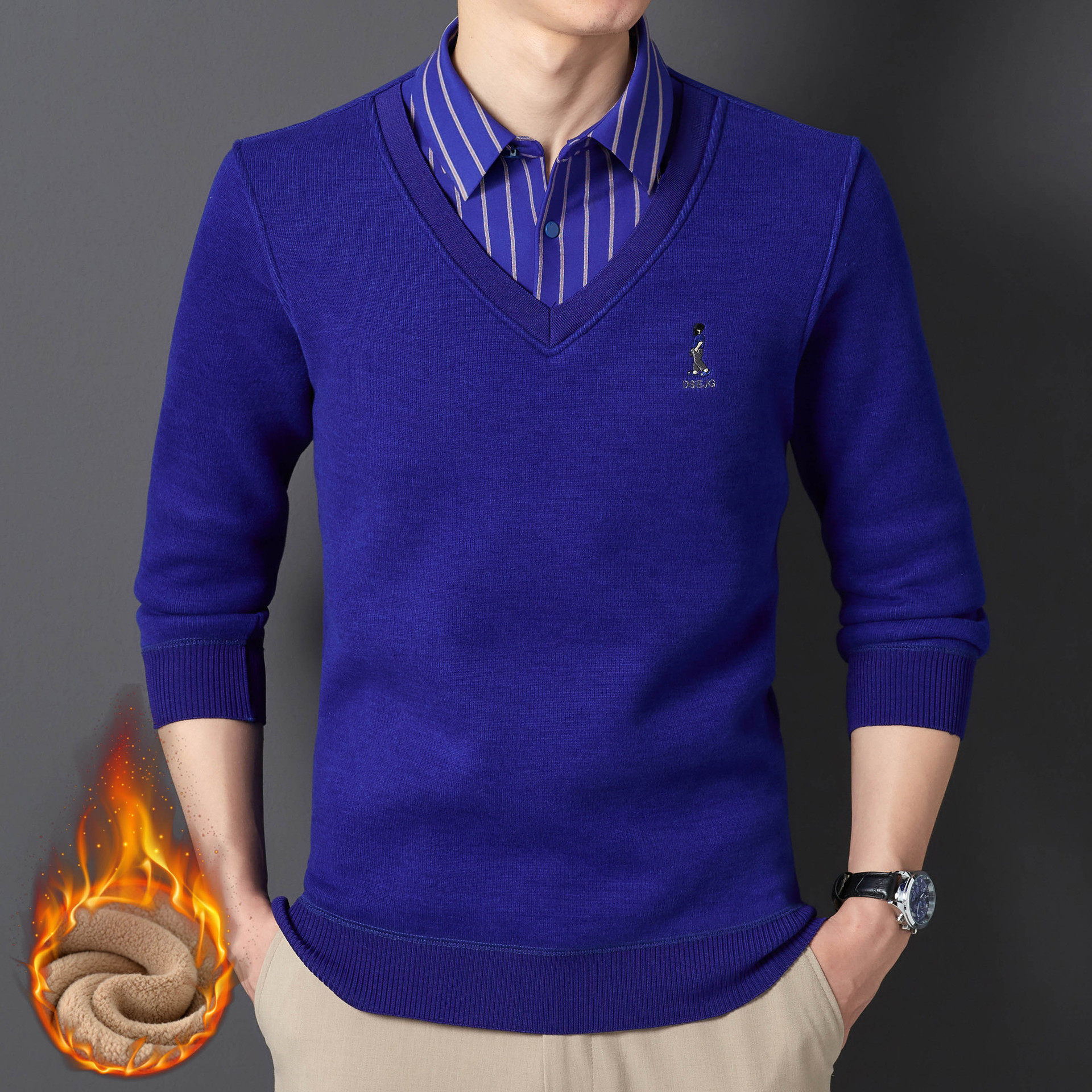 冬季绵羊毛假两件加绒加厚针织衫男士保暖条纹衬衫领套头毛衣