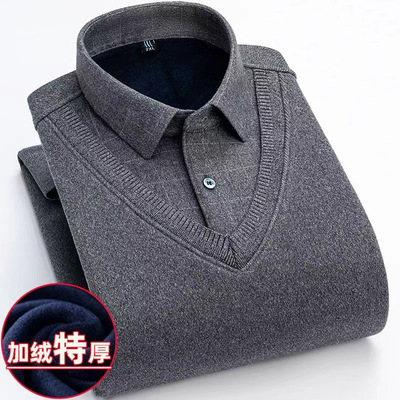 秋冬季加绒加厚假两件男款长袖衬衫领套头毛衣休闲保暖针织衫