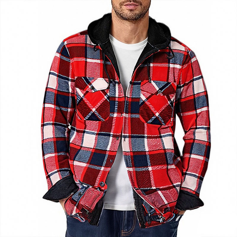 2026爆款格子男款保暖衬衫法兰绒连帽加绒加厚大码格子男长袖热销