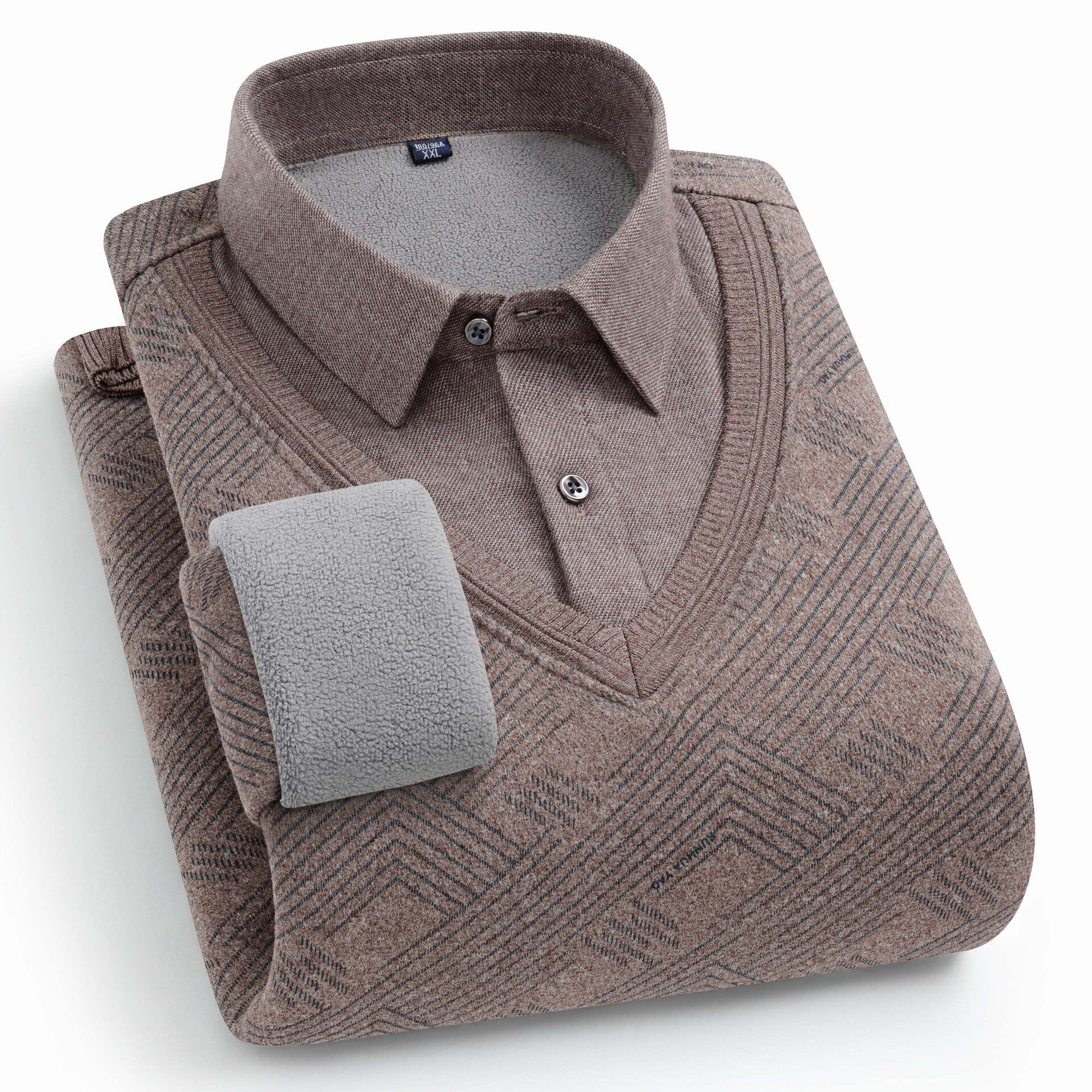 【羊毛蚕丝】秋冬季男士加绒加厚假两件保暖针织衫衬衫领套头毛衣