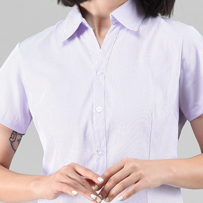 白底紫条纹女衬衫职业银行夏装工作服短袖工装正装衬衣大码ol