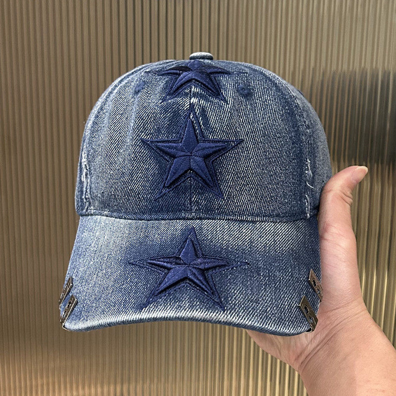 美式复古星星刺绣牛仔破洞棒球帽男女四季弯檐个性时尚铆钉鸭舌帽