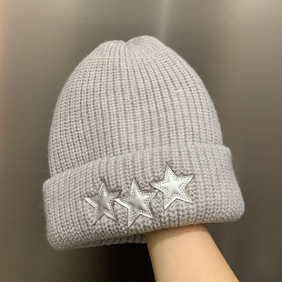 程潇同款帽子韩版时尚五角星针织帽显脸小百搭双层加厚保暖毛线帽