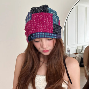百搭个性 辣妹风街头抽绳包头帽潮 薄款 韩国复古拼接头巾帽子女秋季