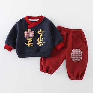 女宝宝冬装套装夹棉加绒婴幼童冬季保暖喜庆过年洋气两件套拜年服