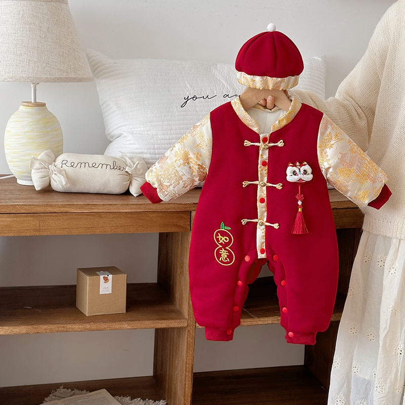 新中式男女孩宝宝冬季爬爬服加厚醒狮如意保暖中国风连体衣带帽子