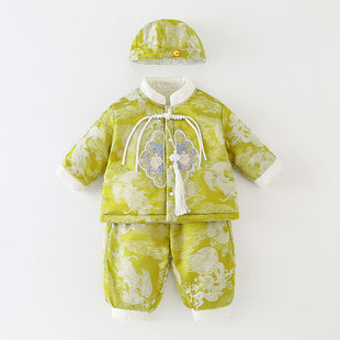 新中式周岁礼服男宝宝春秋男童抓周套装黄马褂婴儿生日宴小少爷服