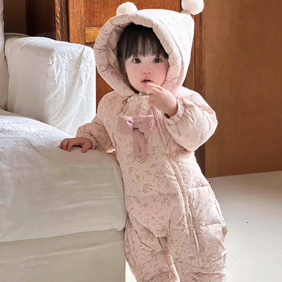 婴儿羽绒服新款女宝宝羽绒连体衣秋冬季小月龄外出抱服白鸭绒冬装