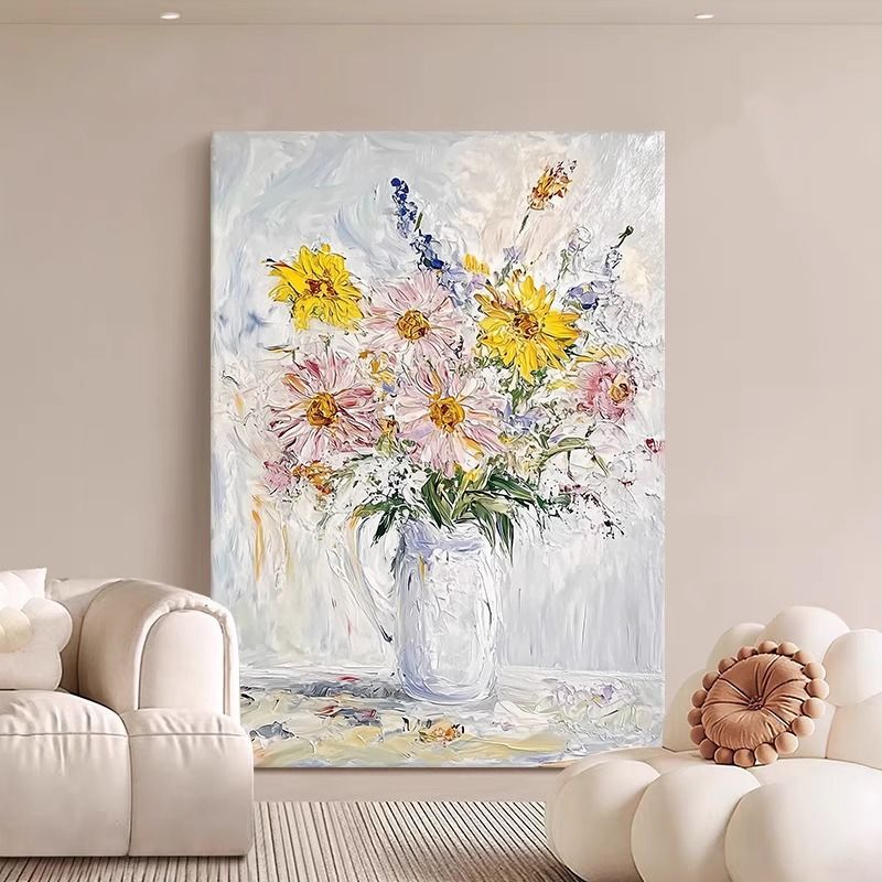 奶油风彩色花卉装饰画抽象艺术客厅挂画入户玄关摆件平面喷绘画图片
