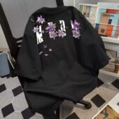 圆领宽松潮牌ins印花上衣学生百搭体恤衫 黑色重磅短袖 t恤男女夏季