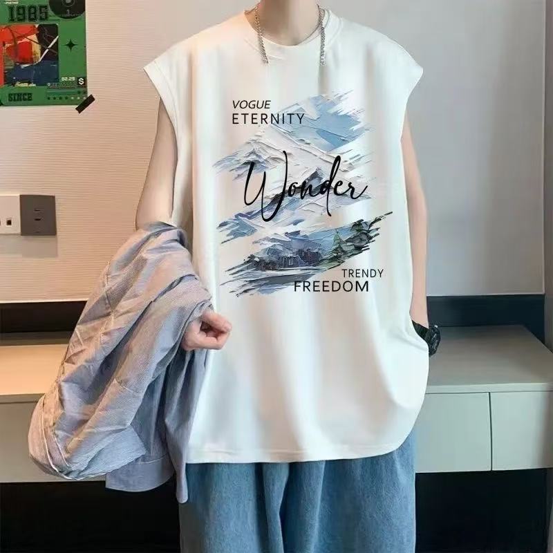 夏季新款冰丝无袖t恤男青少年运动健身潮流坎肩印花背心百搭上衣