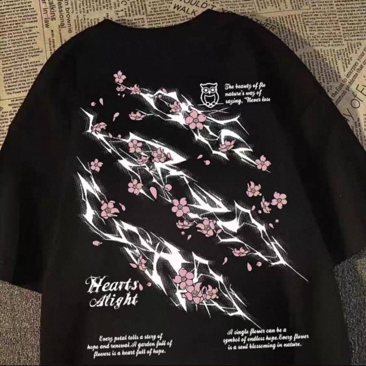 美式高街重磅闪电樱花印花短袖T恤宽松男女夏季上衣国潮情侣上衣