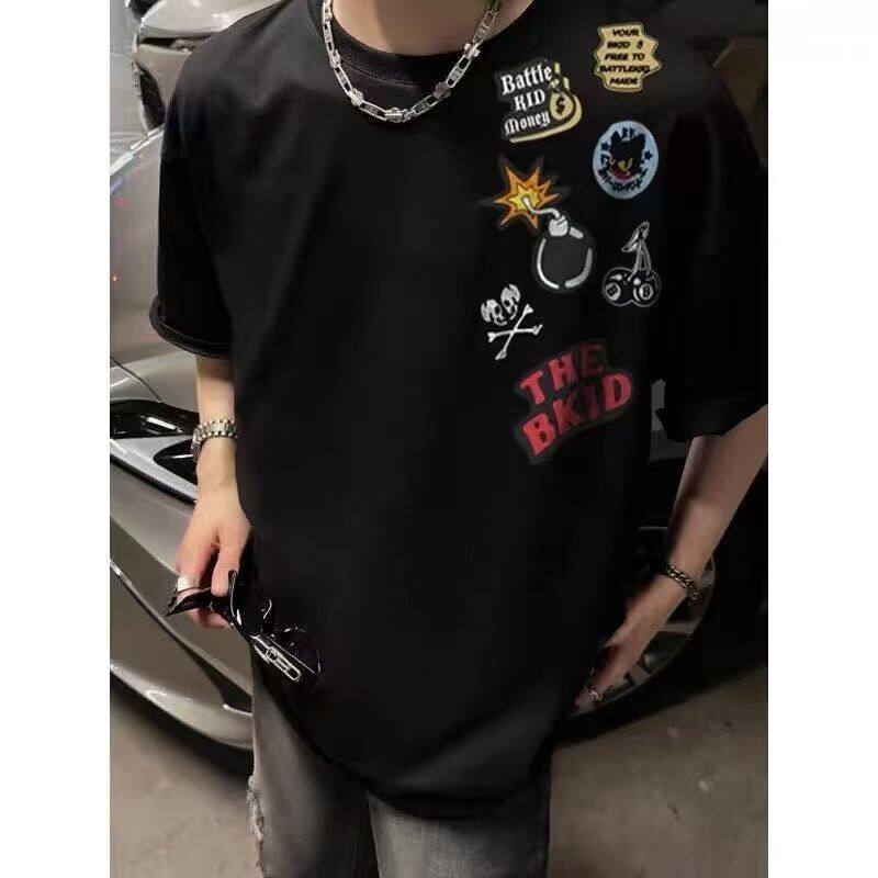 American solid color high street fun printed short-sleeved men's and women's summer ootd outfit T-shirt couple style five-and-a-half-sleeved ins thumbnail 2