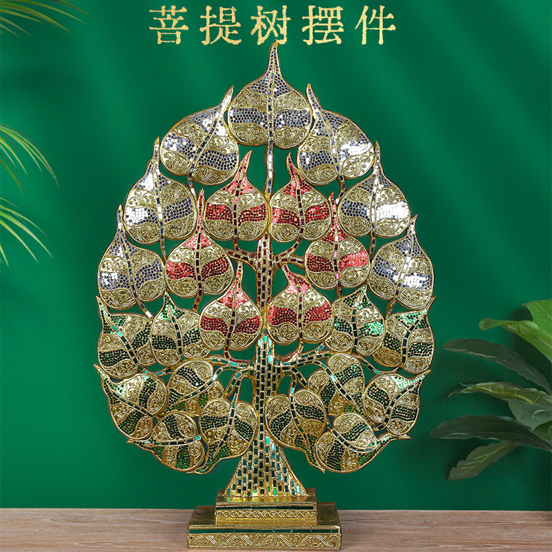 泰国家居软装饰品东南亚风格泰式美容院会所金箔菩提树叶木雕摆件
