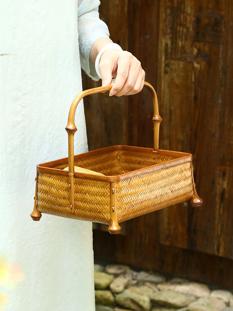 上新手工竹编筇竹提篮大漆茶具收纳筐水果篮竹篮子家用中式复古点