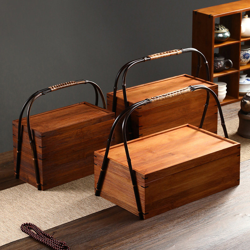 竹制提盒点心提篮大漆茶箱席面户外提箱便携多层食盒茶道配件收纳