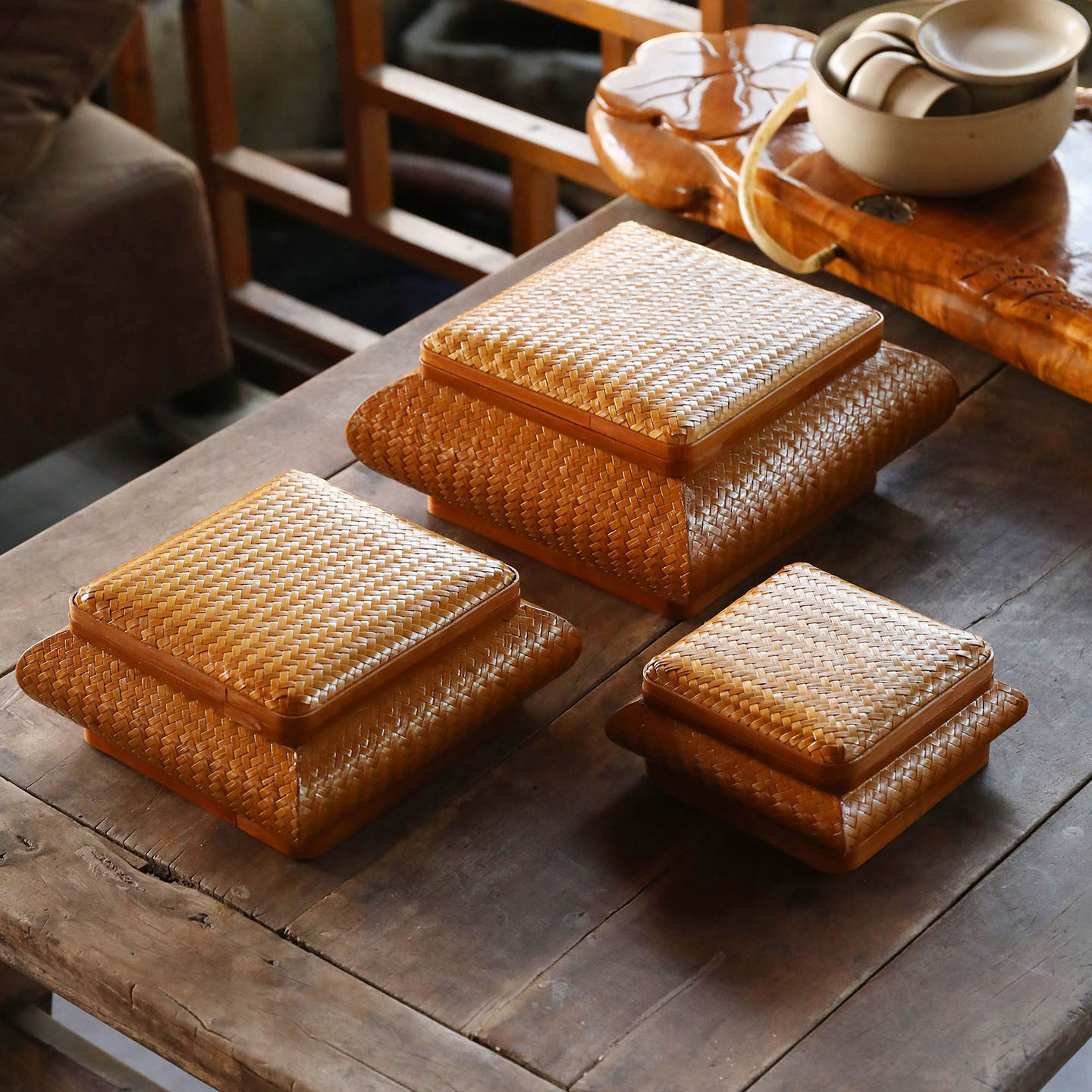 竹制竹编茶具收纳手工竹编方形带盖储物盒收纳筐桌面整理盒点心篮,特色手工艺,竹编/竹雕,淘宝优惠券,粉丝福利购,淘宝优惠卷