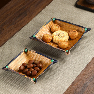 中式手工竹编水果盘家用客厅茶几水果篮零食盘干果盘桌面收纳碟子