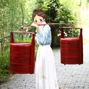 竹编篮子手工编织结婚挑担婚庆喜事篮聘礼篮食盒带扁担红色双喜篮