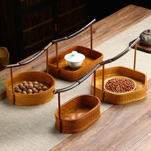 竹制手工竹编提篮中式复古茶具收纳筐家用圆形水果篮点心篮整理筐